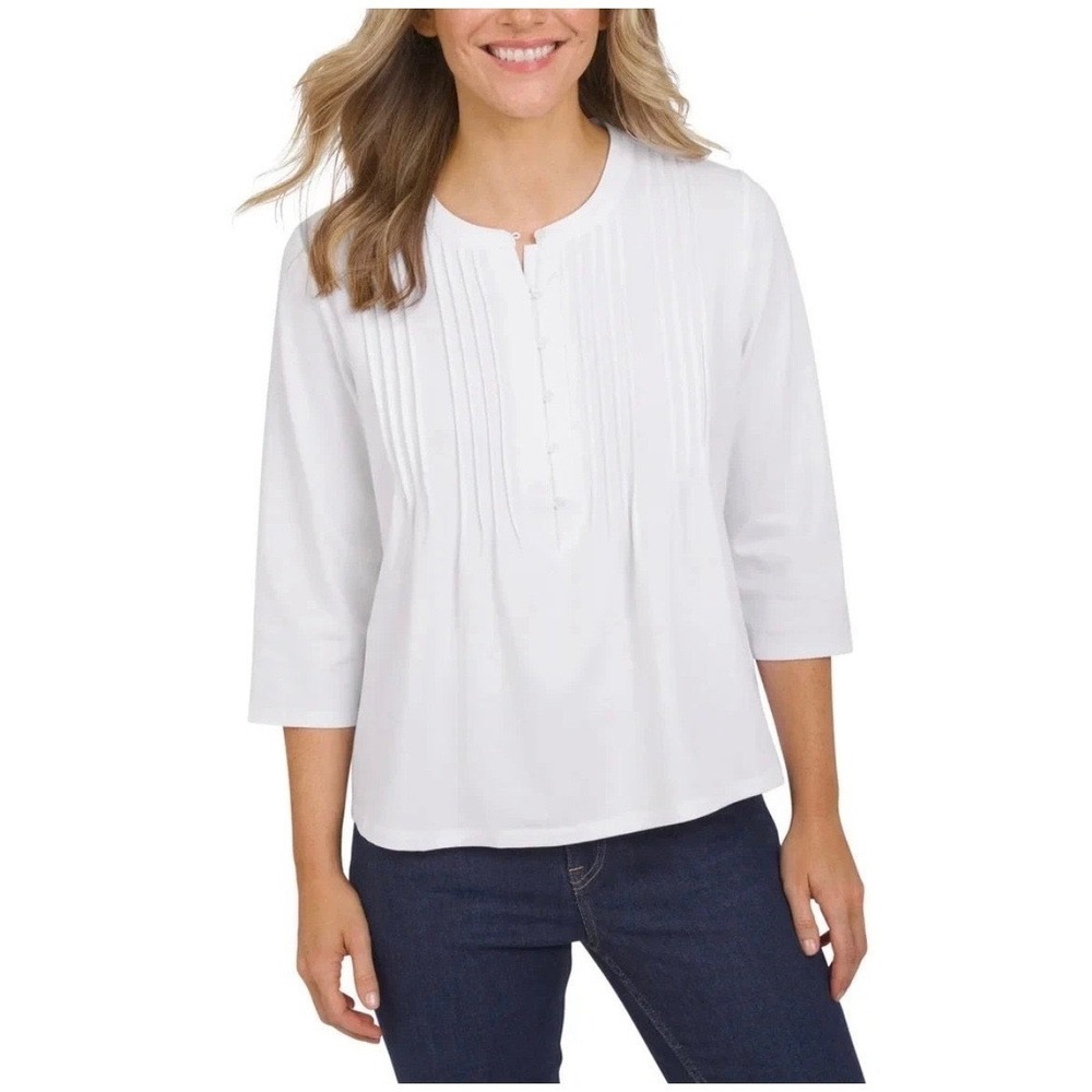 Lands End Womens White Pintuck Button Front 3/4 Sleeve Henley Top •L• Layering